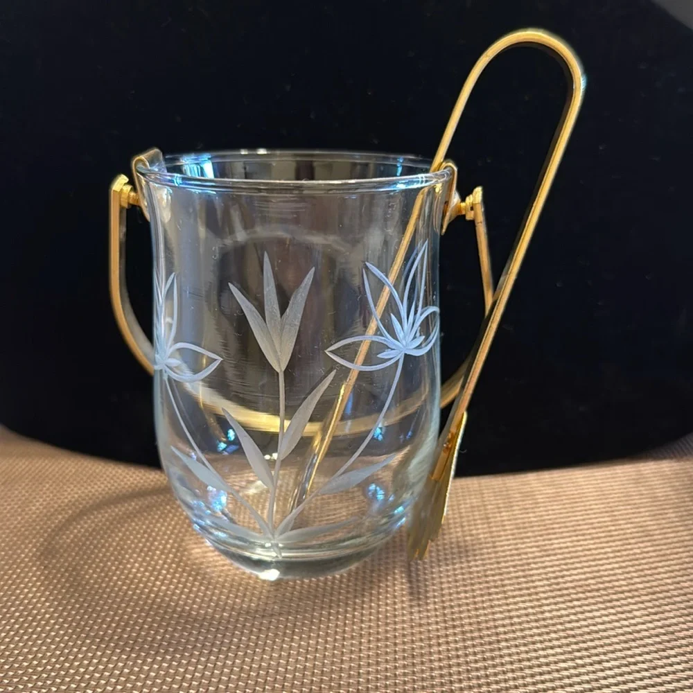 Vintage Italian etched crystal sugar cube bucket with gold tone handle & tongs